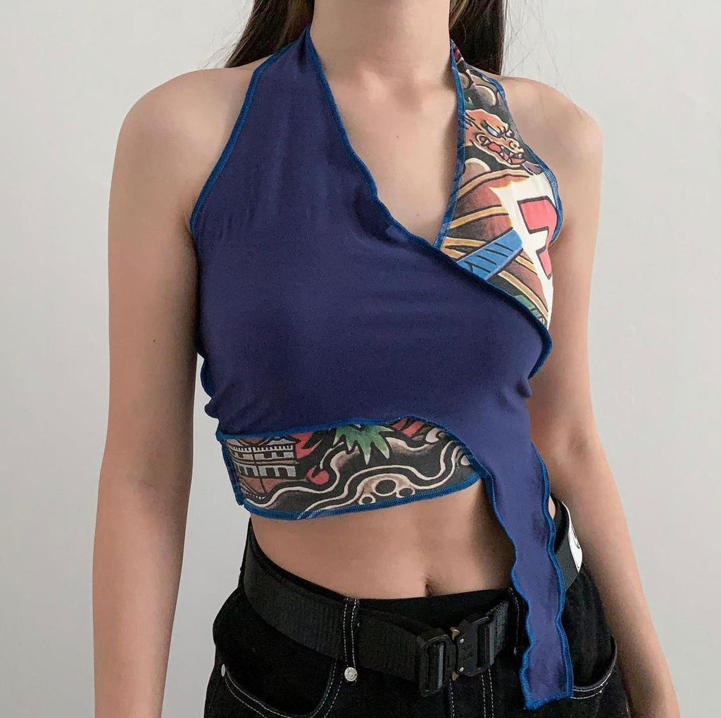 Japanes graphic halter top pieced together with blue fabric. Raw hem using blue thread.