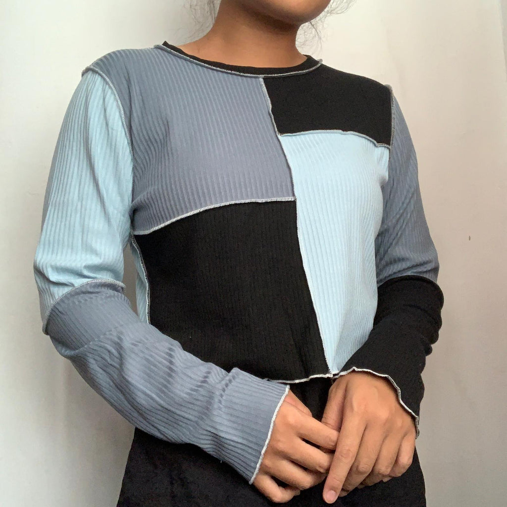 Boxy patchwork long sleeves top using black and different shades of blue