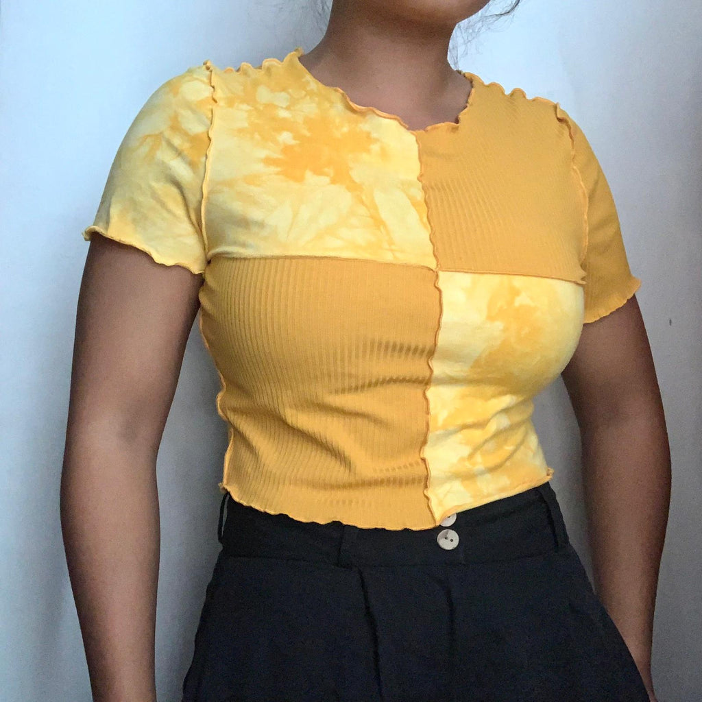 Yellow patch top with bleached yellow patch sewn together raw hem of yellow thread