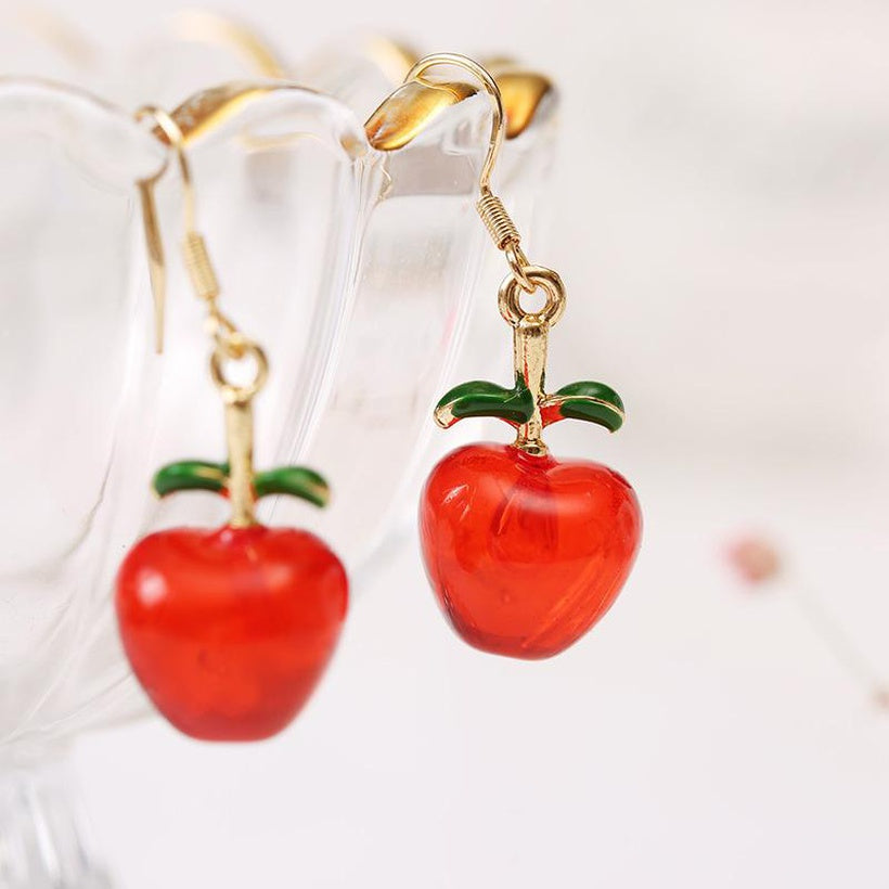 red apples with green leaves dangly earrings 