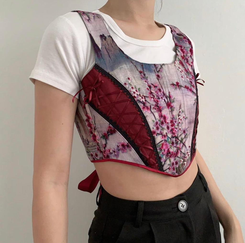 Pretty sakura fabric design corset top with maroon ribbon