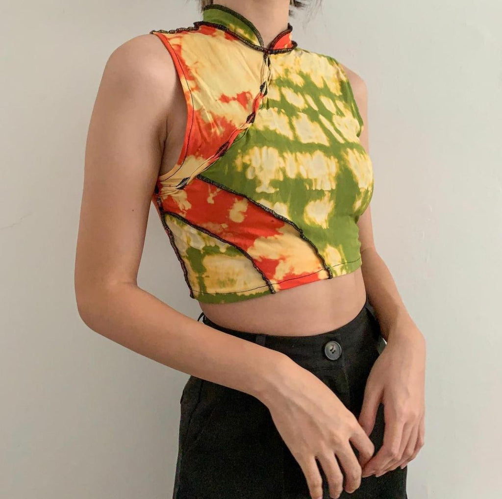 Cheongsam cut top using bleached orang and green top, giving a yellow colour outcome. Raw hem using black thread