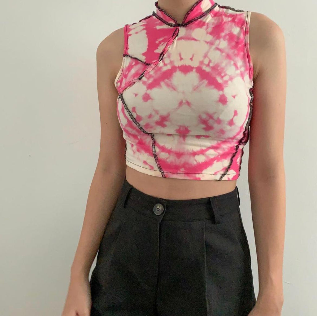 Pink bleached cheongsam cut top lined with black thread. raw hem.